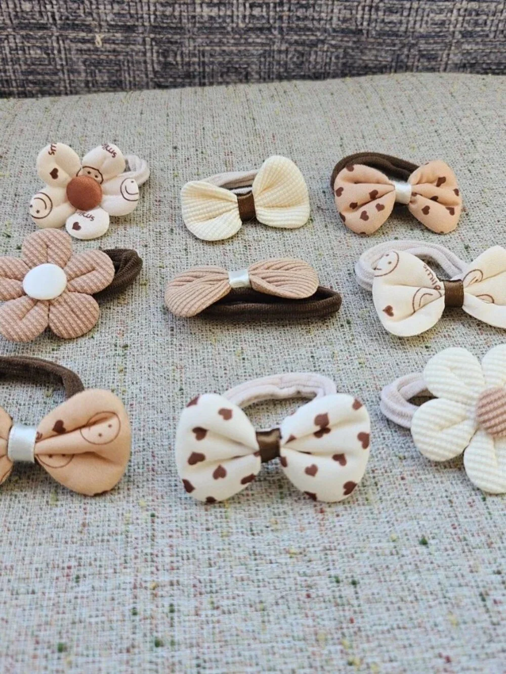 Girl Hair Ties Brown/Tan/Beige Tone Hair Accessories Flower Bow Style set of 9